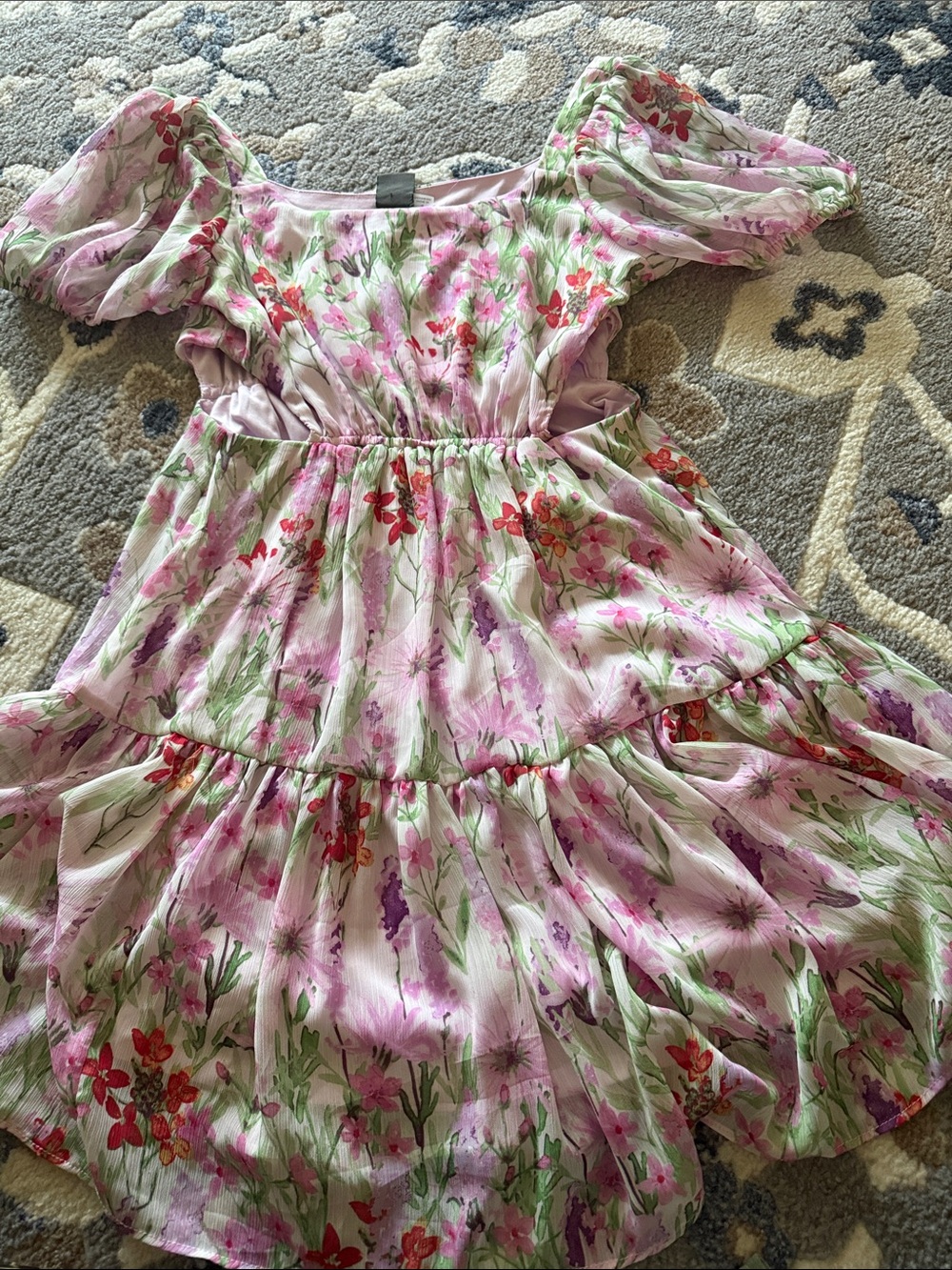 Taylor Pink Floral Puff-Sleeve Tiered Dress size 4 adjustable waist